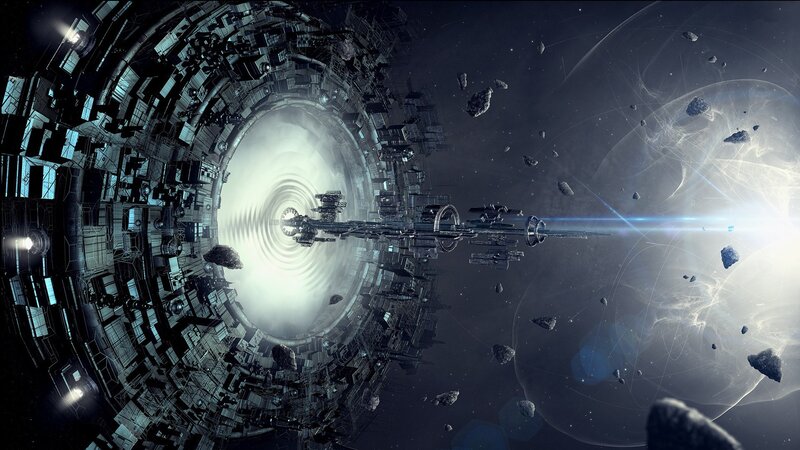 Space Station with Ships — Black, Dramatic