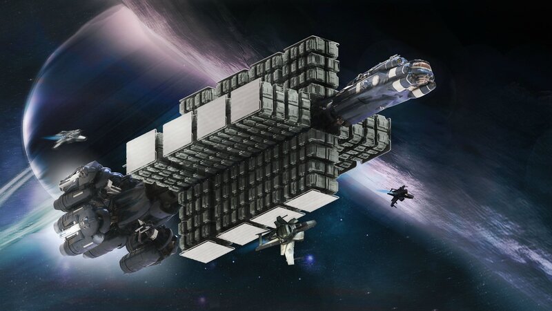 Space Station with Ships — Blue, Dramatic, Night