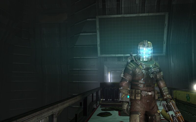 space suit in dim corridor