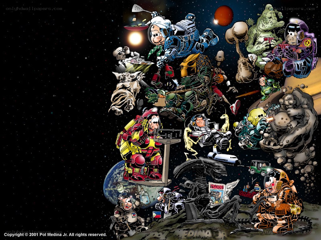 Space-themed cartoon collage