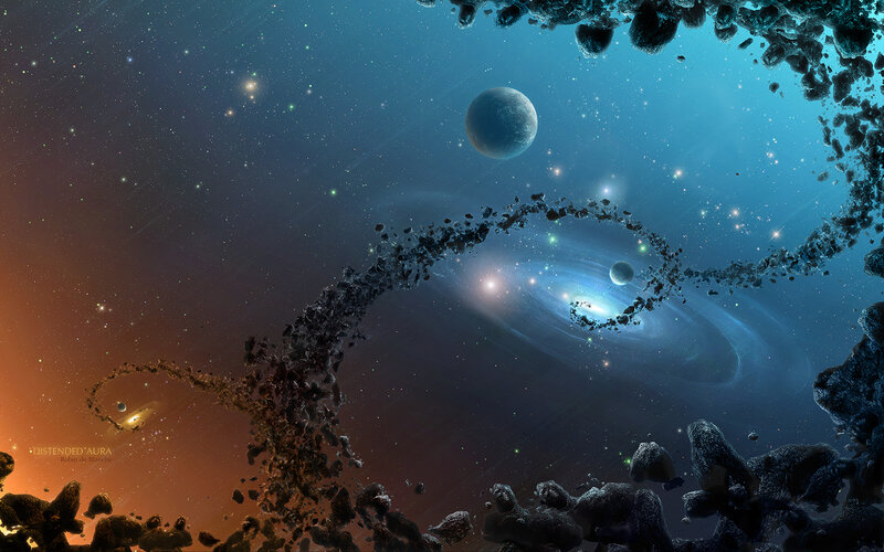 Space with Asteroids and Planets — Blue, Dramatic, Night, Digital Art, Galaxy