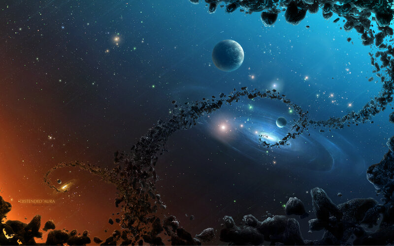 Space with Asteroids and Planets — Blue, Dramatic, Night, Digital Art, Stars, Orange, Black