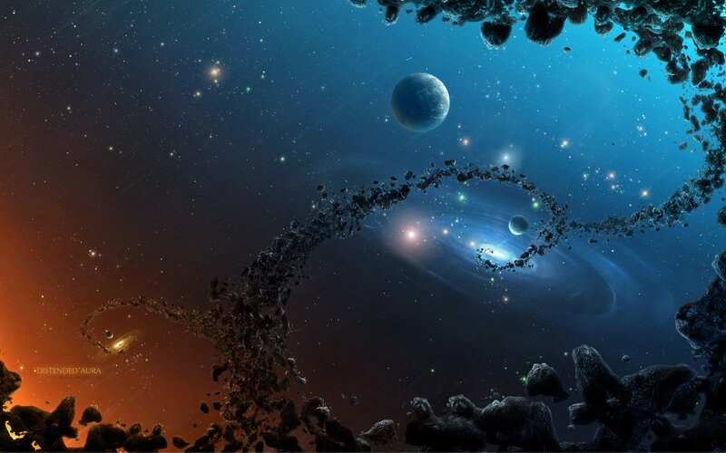 Space with Asteroids and Planets — Blue