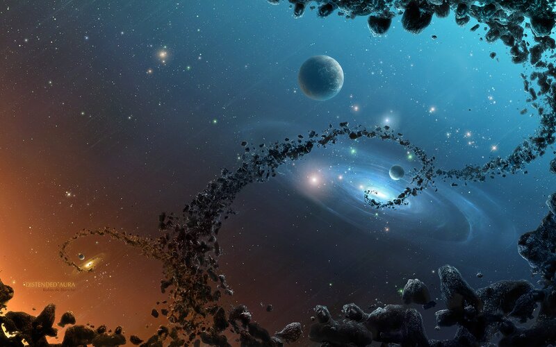 Space with Planets and Asteroids — Blue, Dramatic