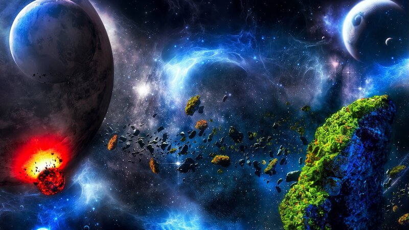 Space with Planets and Asteroids — Blue