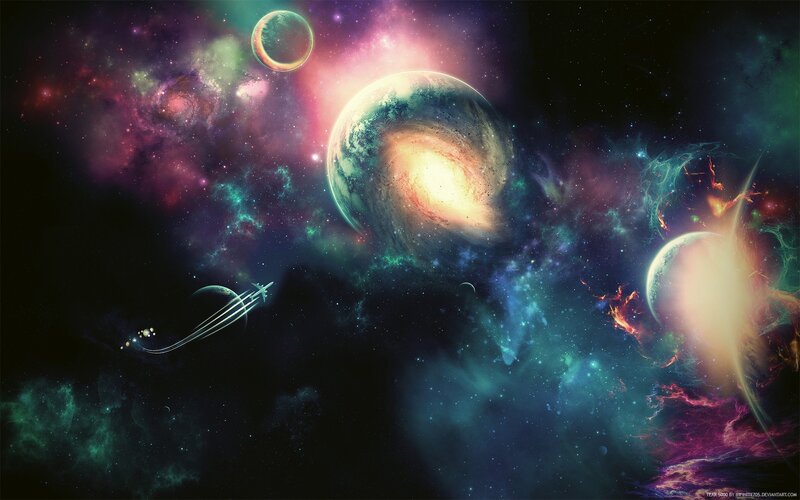Space with Planets and Nebula — Purple, Cosmic, Digital Art