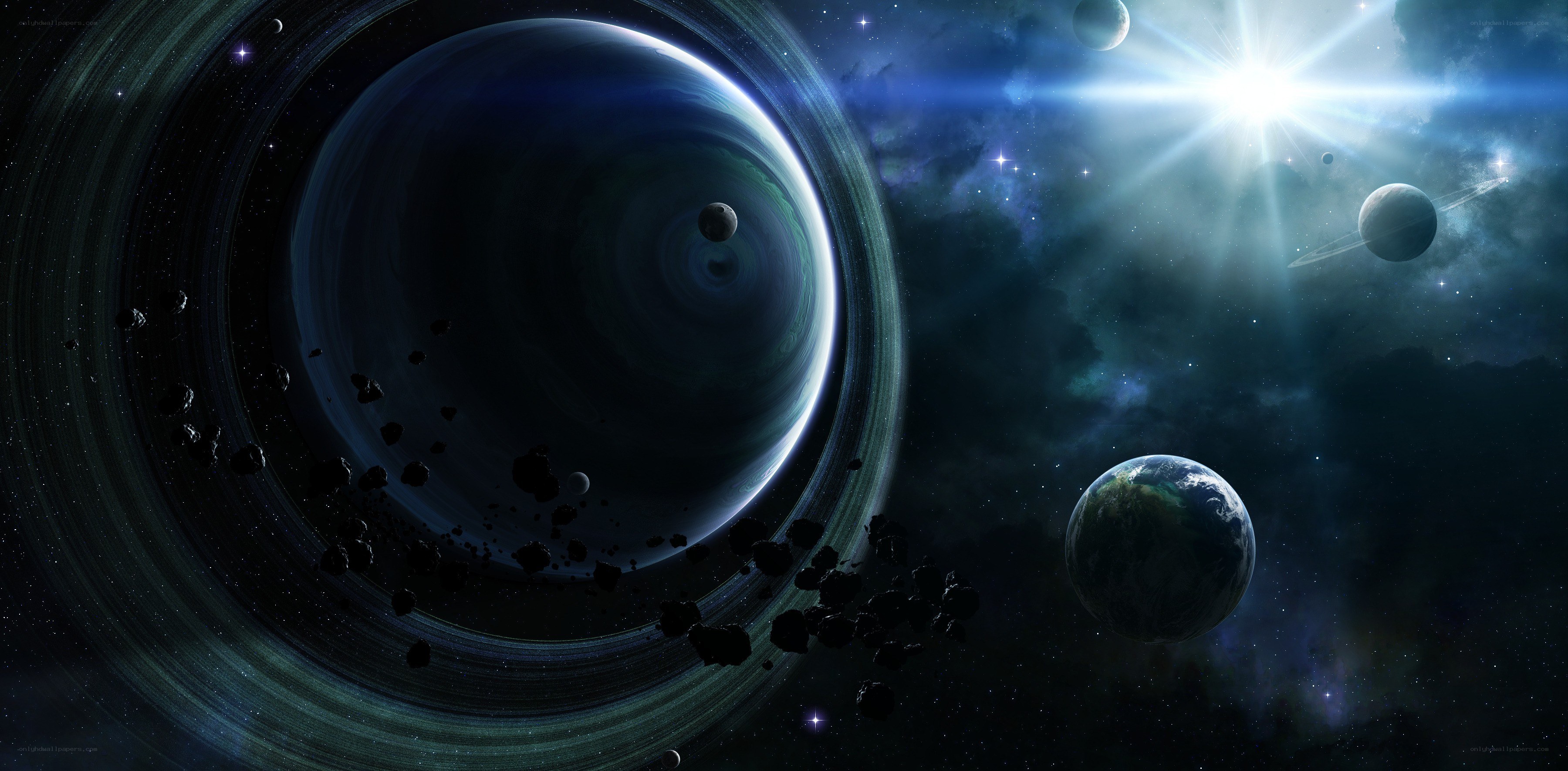 space with planets and rings