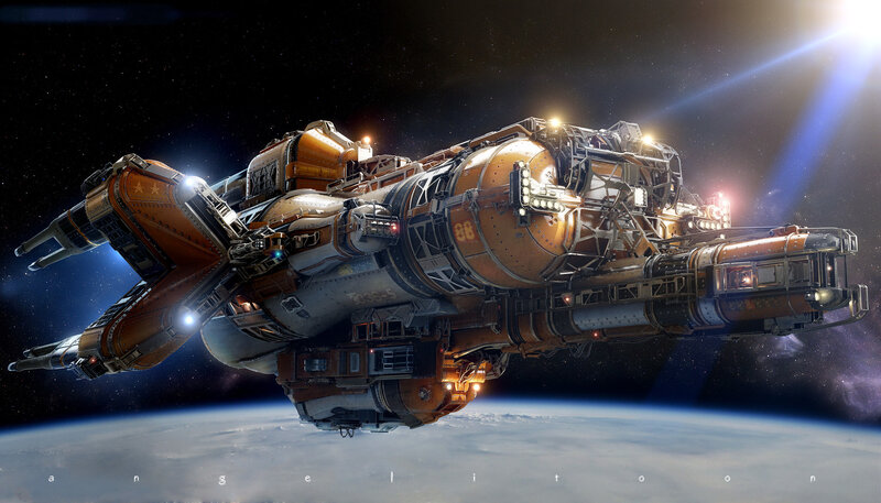 Spacecraft Above Planet — Orange