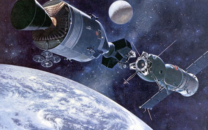 Spacecraft Docking in Orbit — Blue, Dramatic