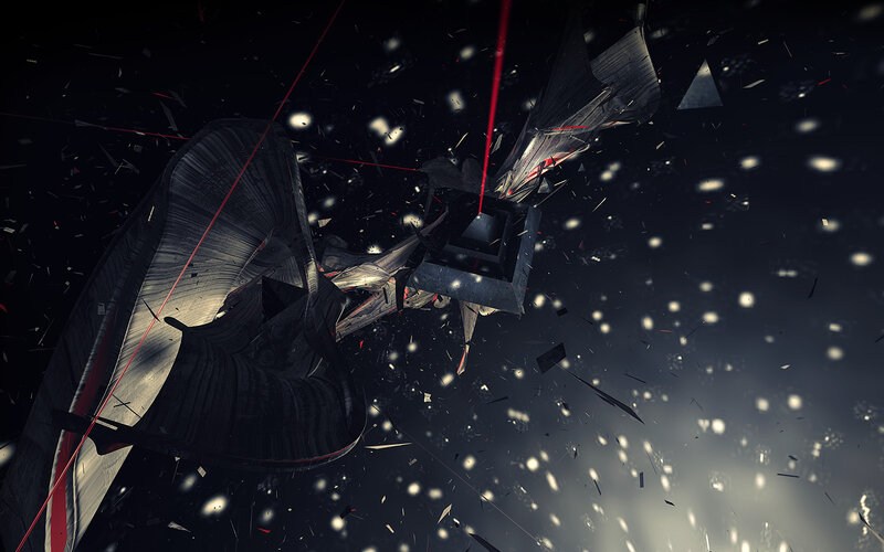 Spacecraft explosion in debris field