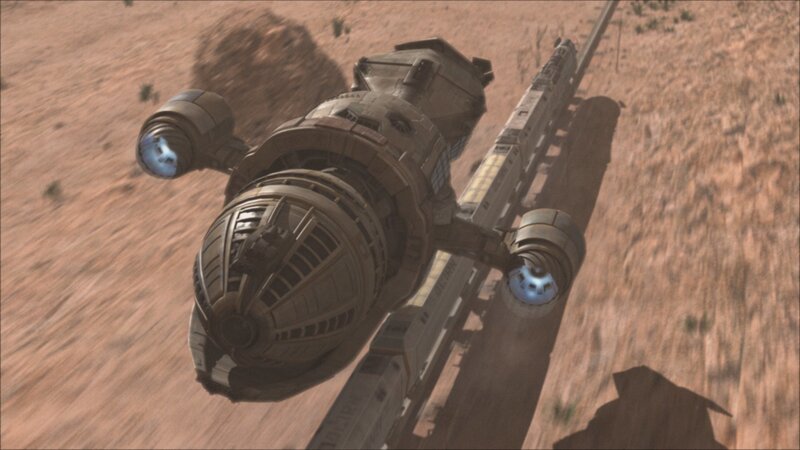 spacecraft flying over desert