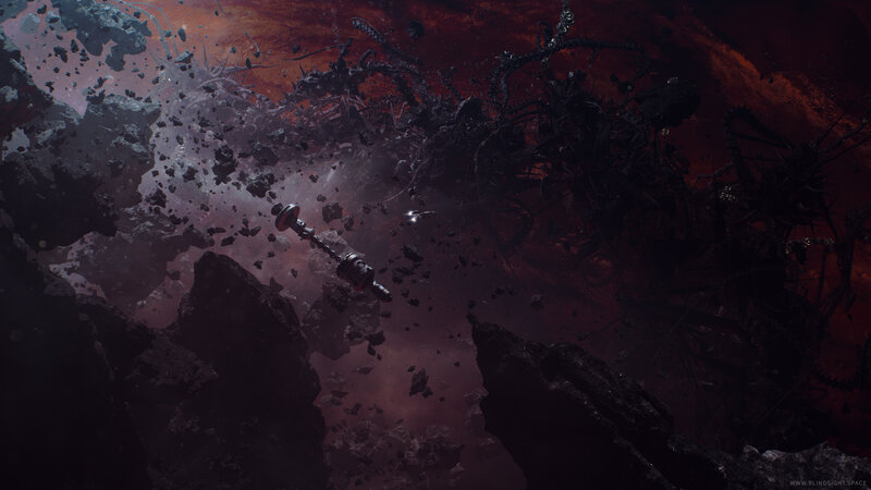 Spacecraft in Debris Field — Red