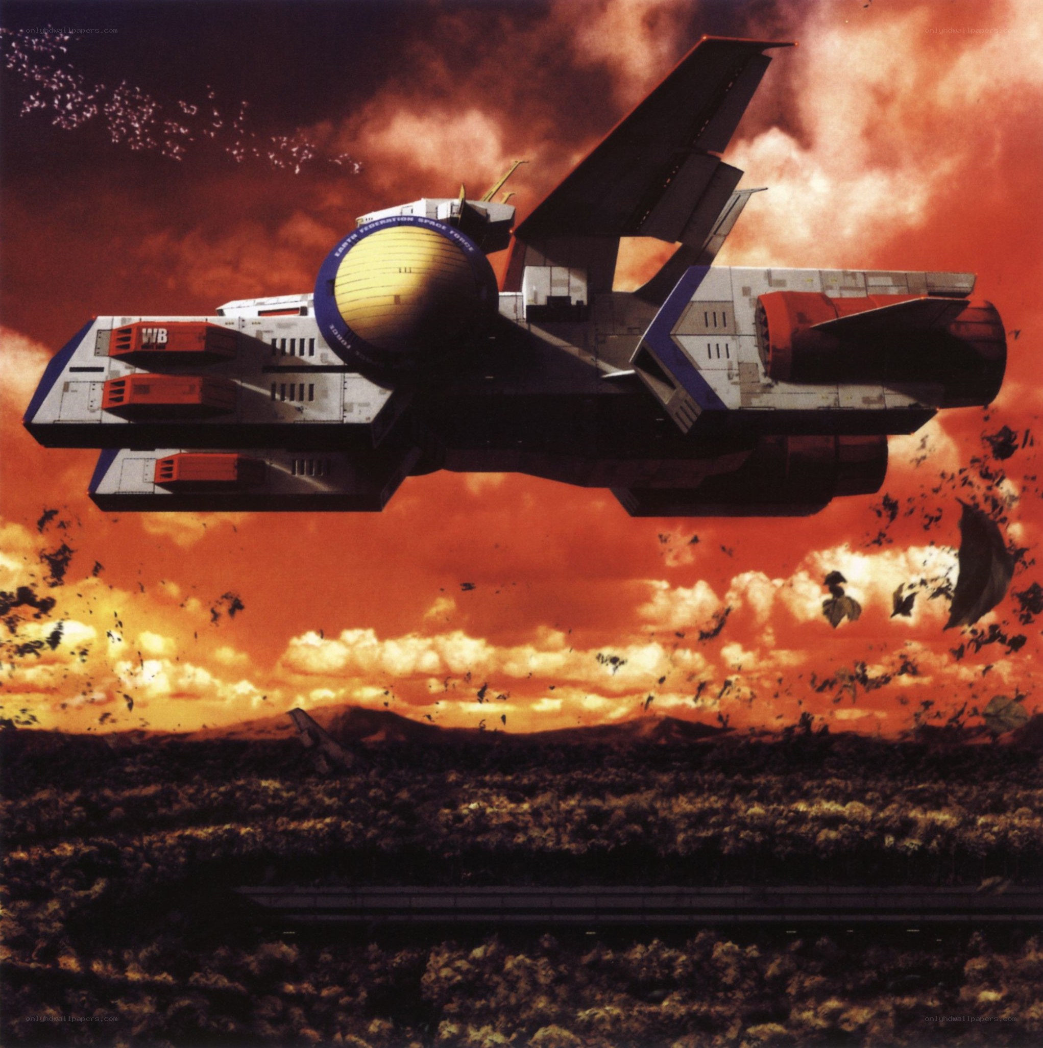 spacecraft in fiery sky
