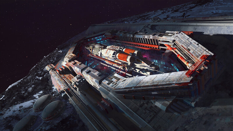 Spacecraft in Hangar — Gray, Dramatic