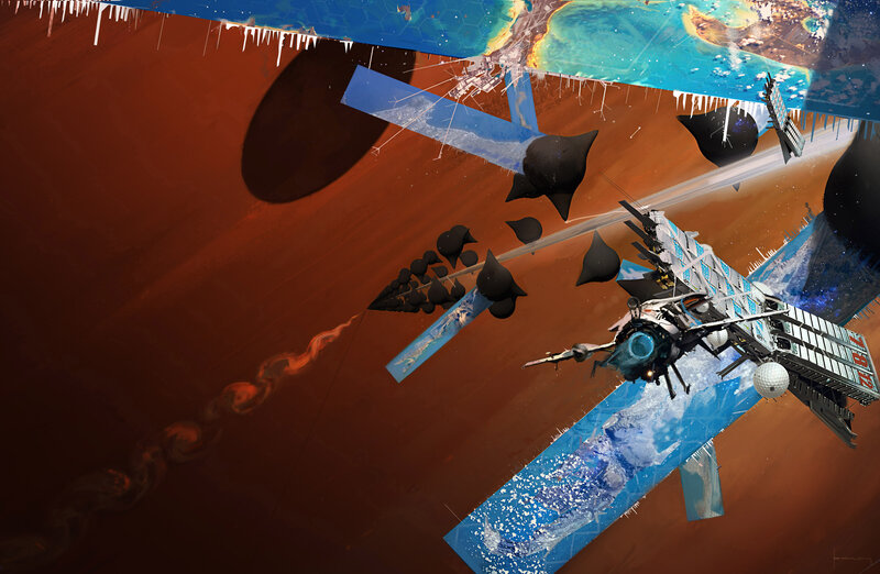 Spacecraft in Orbit — Blue, Dramatic, Digital Art, Satellites
