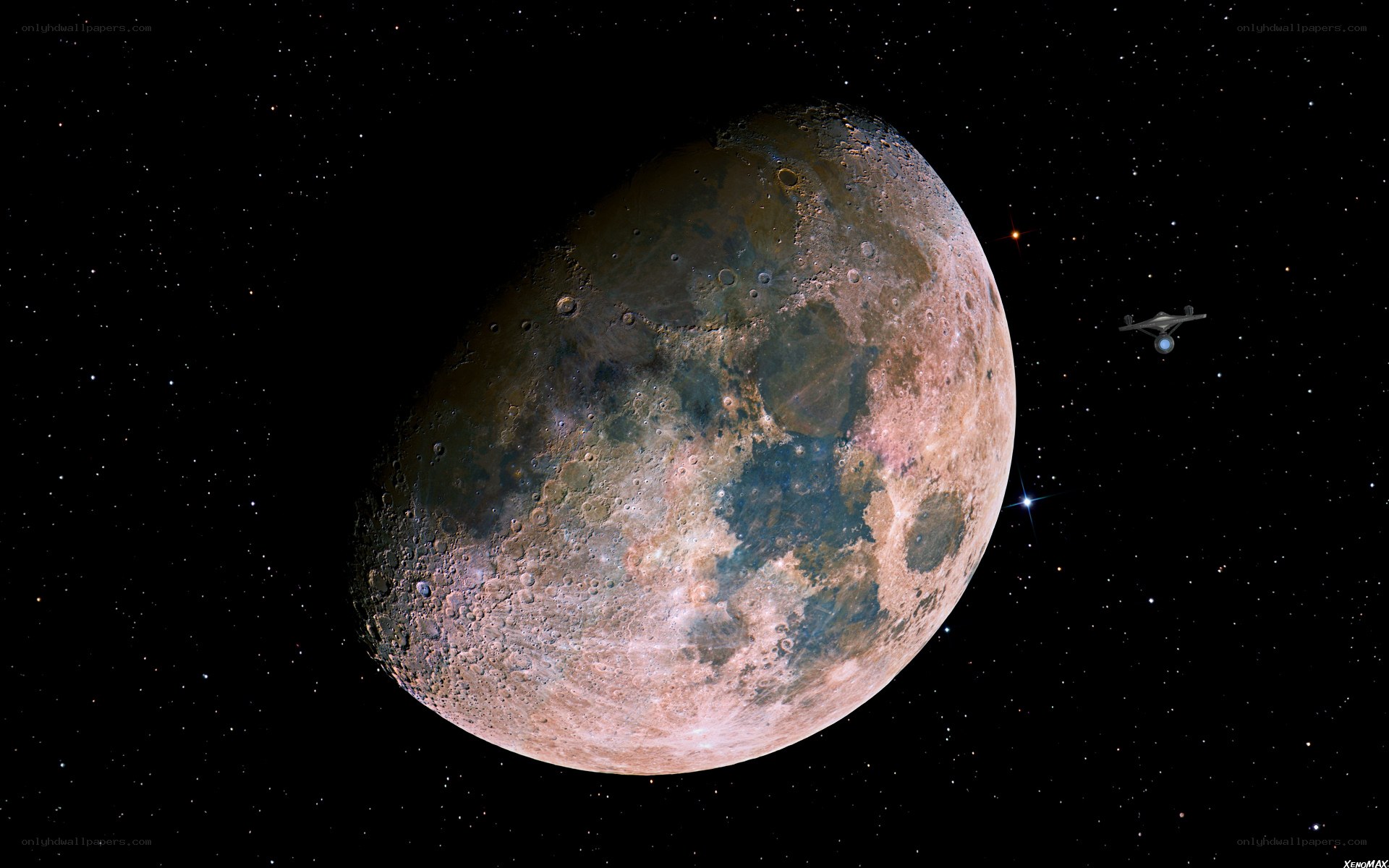 Spacecraft near a cratered moon