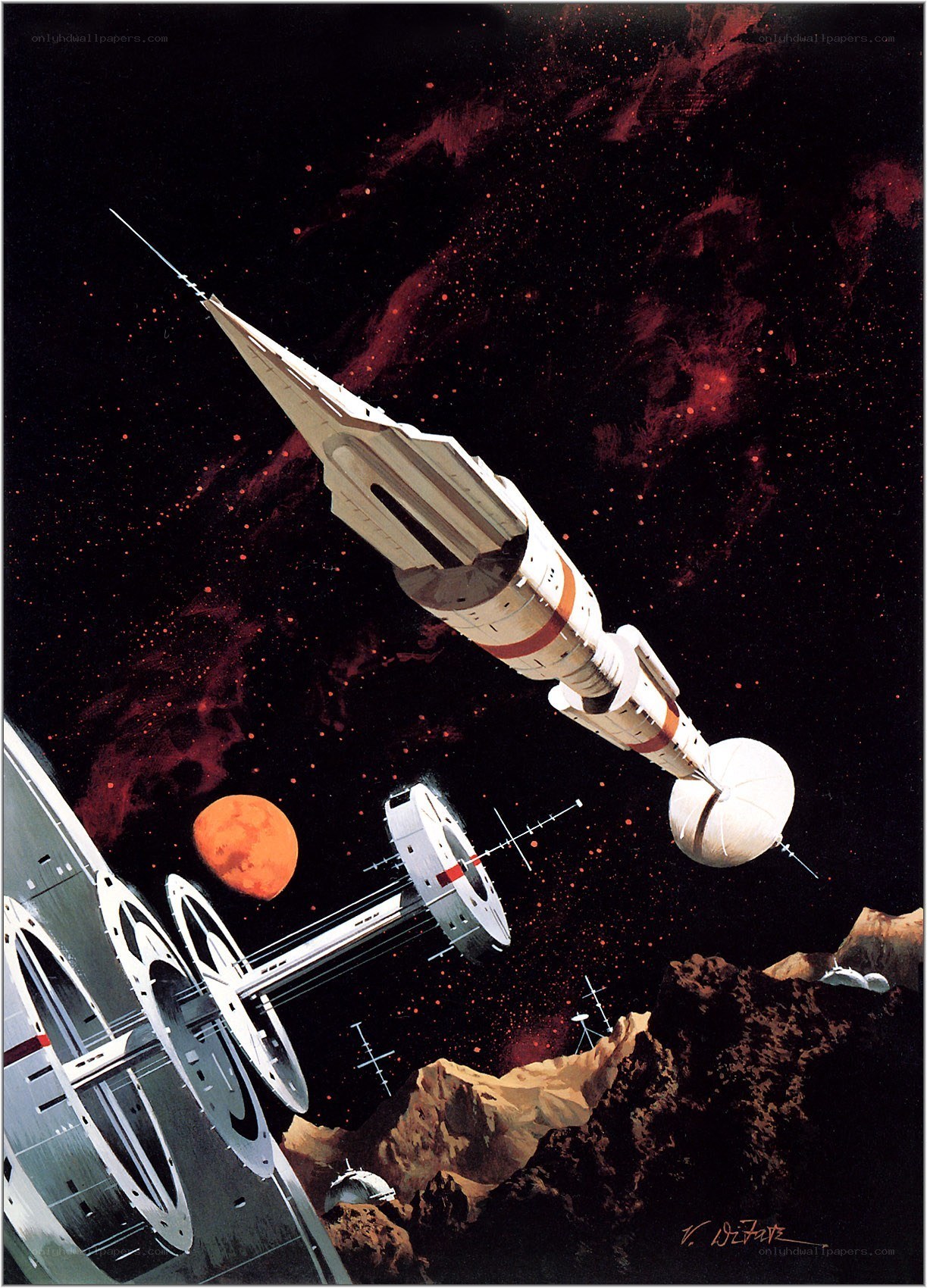 Spacecraft near a red planet