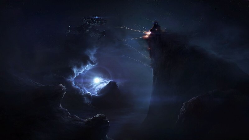 Spacecraft near alien cliff