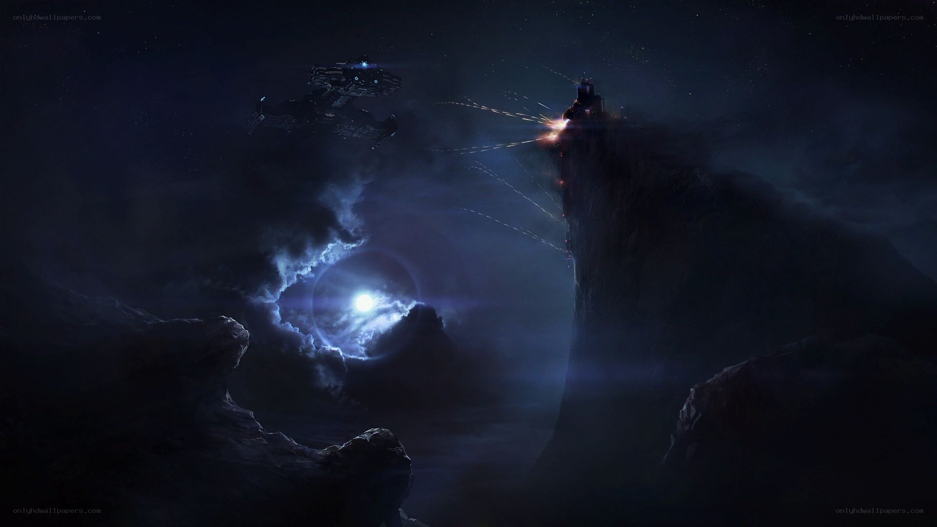 Spacecraft near alien cliff