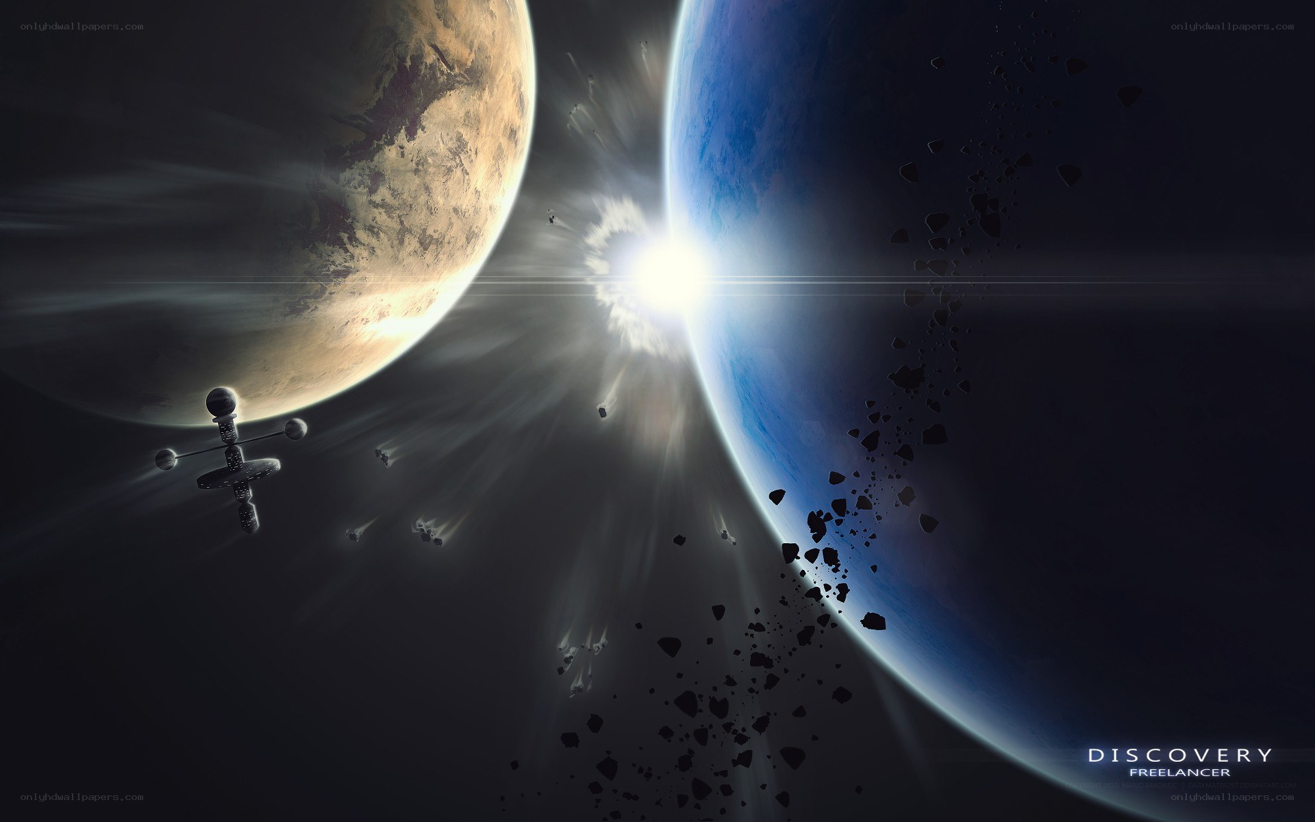 Spacecraft near colliding planets