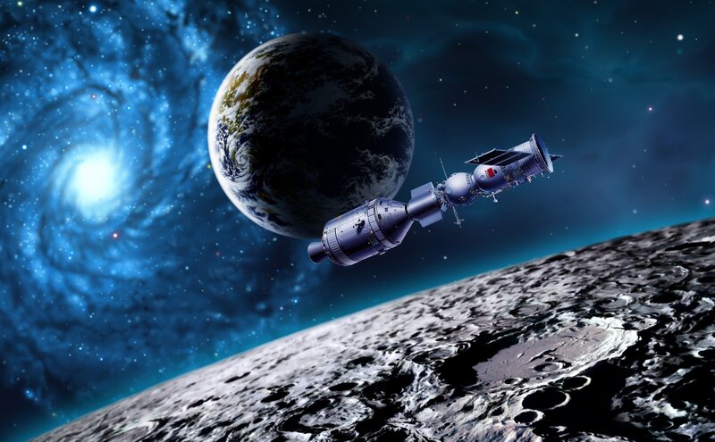 Spacecraft Near Moon — Blue, Dramatic, Digital Art