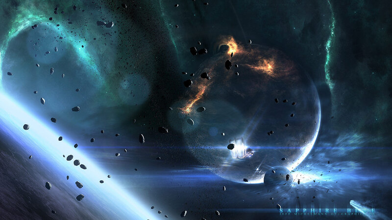 Spacecraft Near Planet — Blue, Dramatic, Digital Art, Asteroids