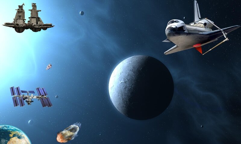 Spacecraft Near Planet — Blue, Dramatic, Digital Art, Space Station