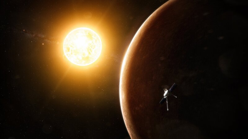 Spacecraft Near Planet — Orange, Dramatic, Digital Art