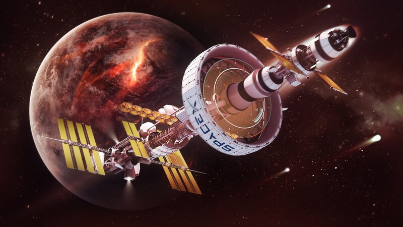 Spacecraft Near Planet — Red, Dramatic