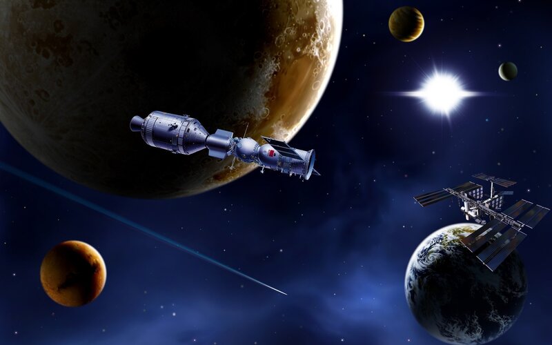 Spacecraft Near Planets — Blue, Dramatic, Night