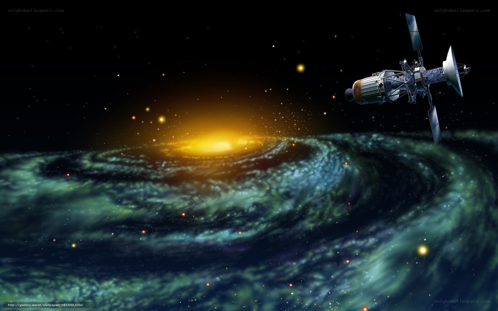 spacecraft near spiral galaxy