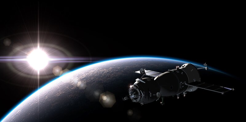 Spacecraft Orbiting Planet — Black, Dramatic