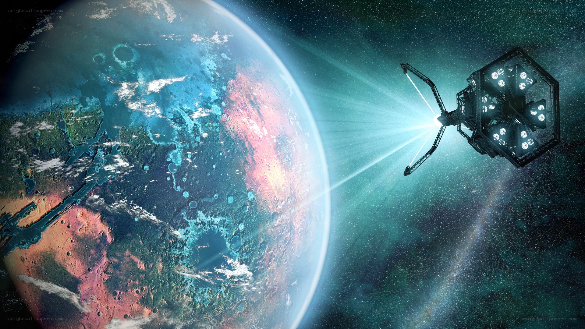 spacecraft over alien planet