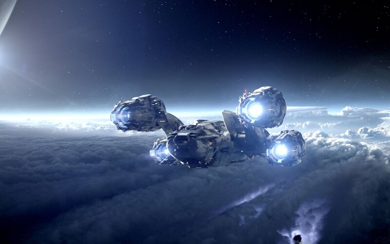 spaceship above clouds