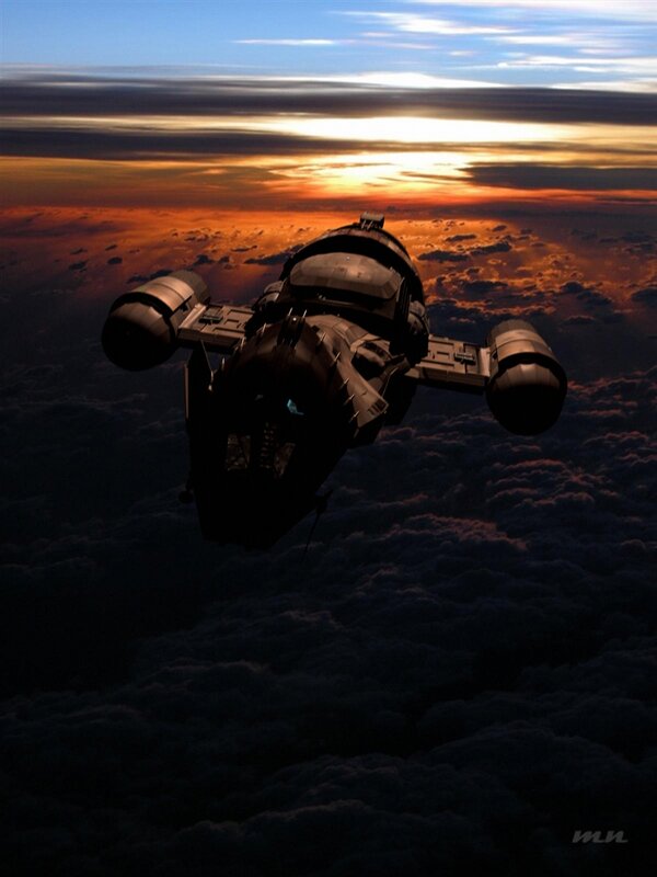spaceship above clouds at sunset