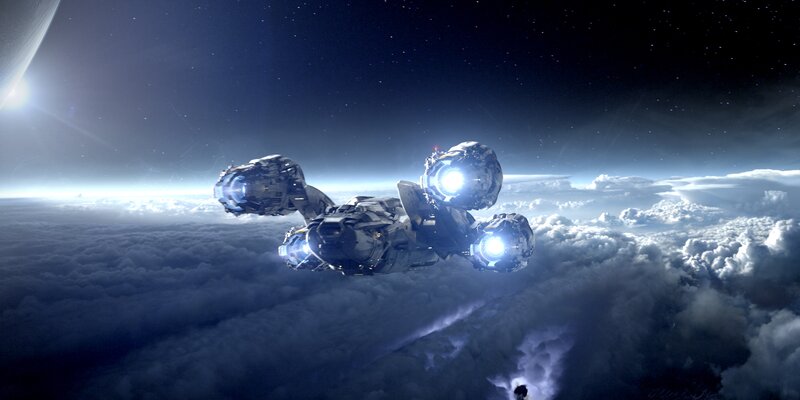 Spaceship Above Clouds — Blue, Dramatic, Digital Art, Planet