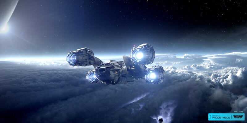 Spaceship Above Clouds — Blue, Dramatic, Digital Art