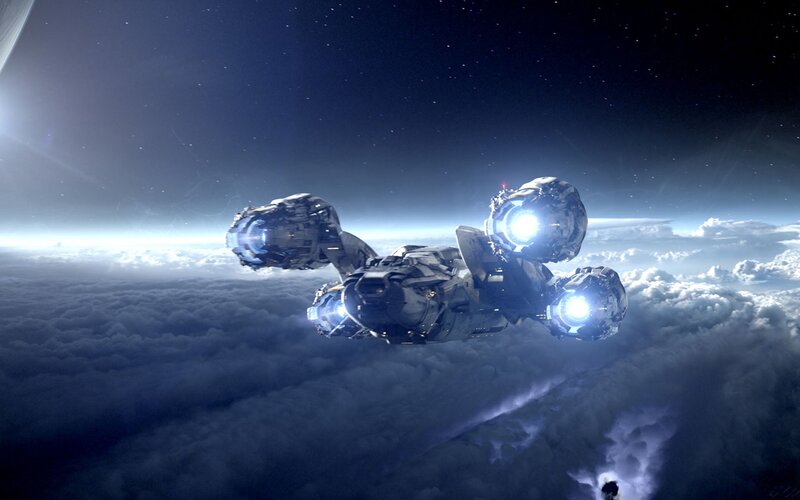 Spaceship Above Clouds — Blue, Dramatic, Night, Digital Art, Stars, Planet