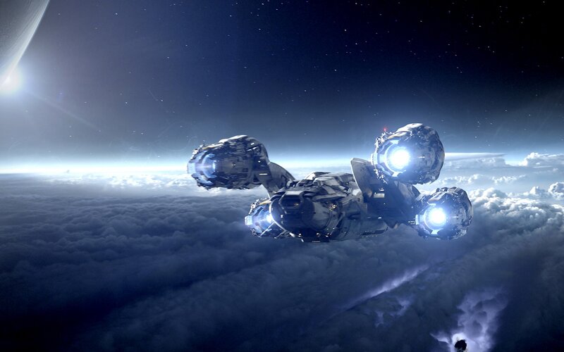 Spaceship Above Clouds — Blue, Dramatic, Night, Digital Art