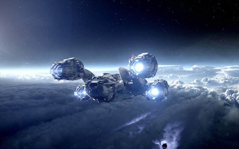 Spaceship Above Clouds — Blue, Dramatic