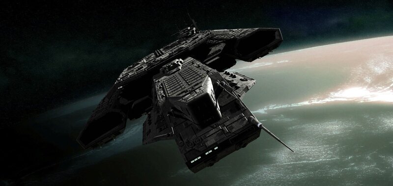 Spaceship Above Planet — Black, Dramatic
