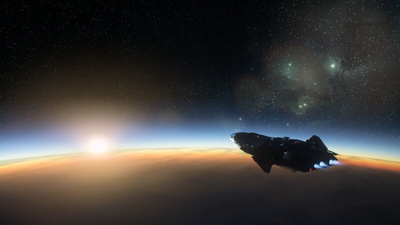 Spaceship Above Planet — Black, Serene