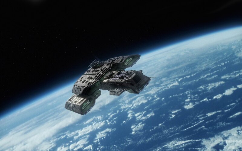 Spaceship Above Planet — Blue, Dramatic, 3d Render, Space, Clouds, White