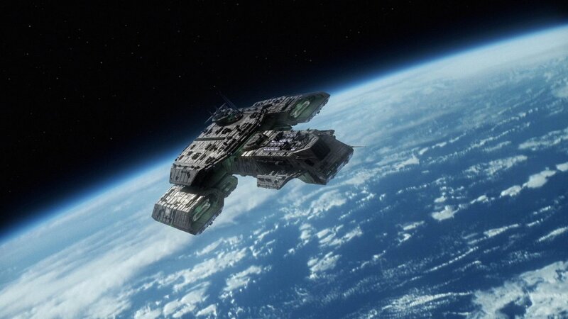 Spaceship Above Planet — Blue, Dramatic, 3d Render
