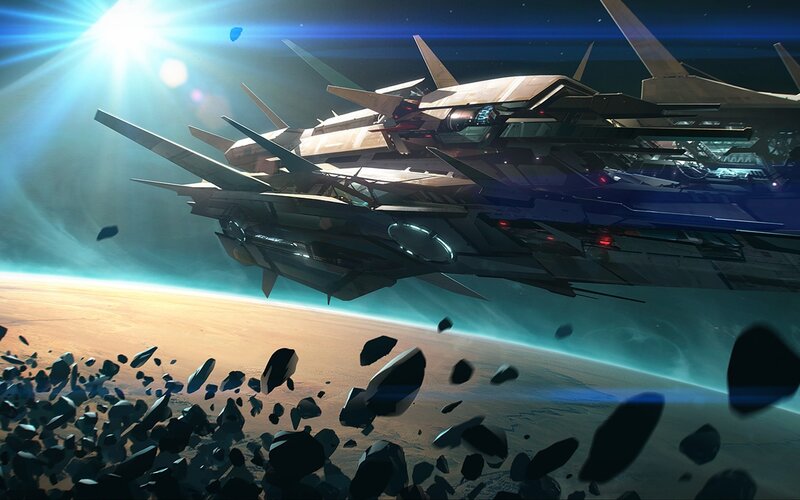 Spaceship Above Planet — Blue, Dramatic, Digital Art, Asteroids