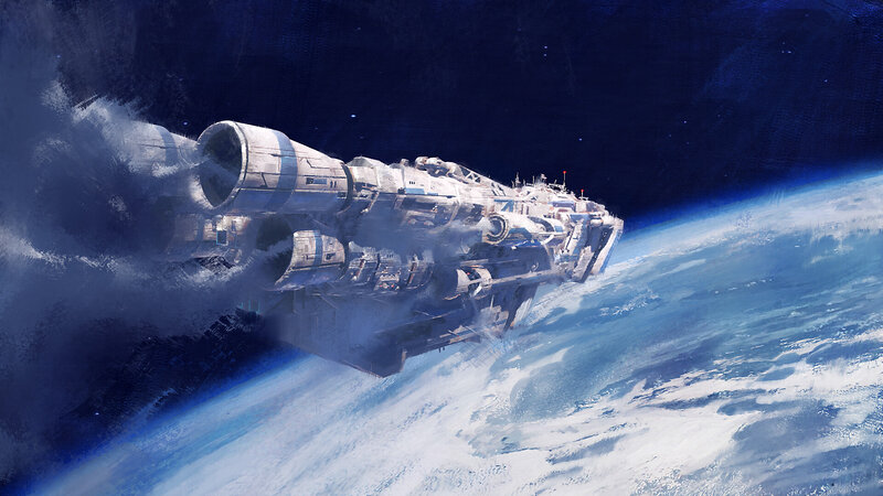 Spaceship Above Planet — Blue, Dramatic, Digital Art, Space, Clouds