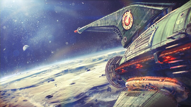 Spaceship Above Planet — Blue, Dramatic, Digital Art, Space