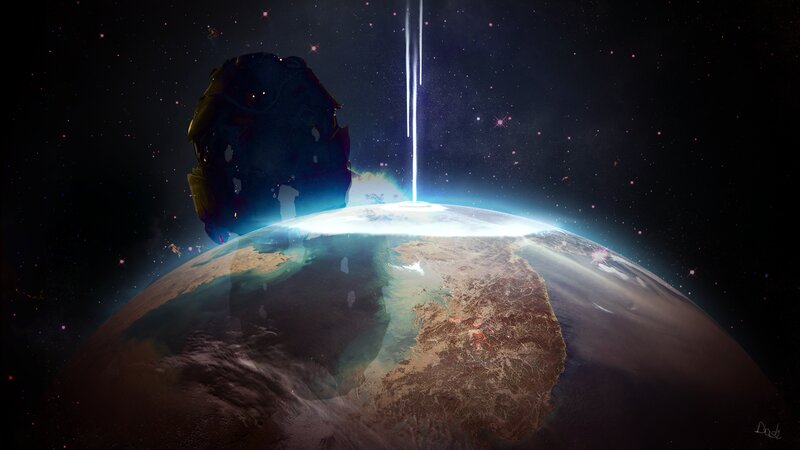 Spaceship Above Planet — Blue, Dramatic, Digital Art, Stars