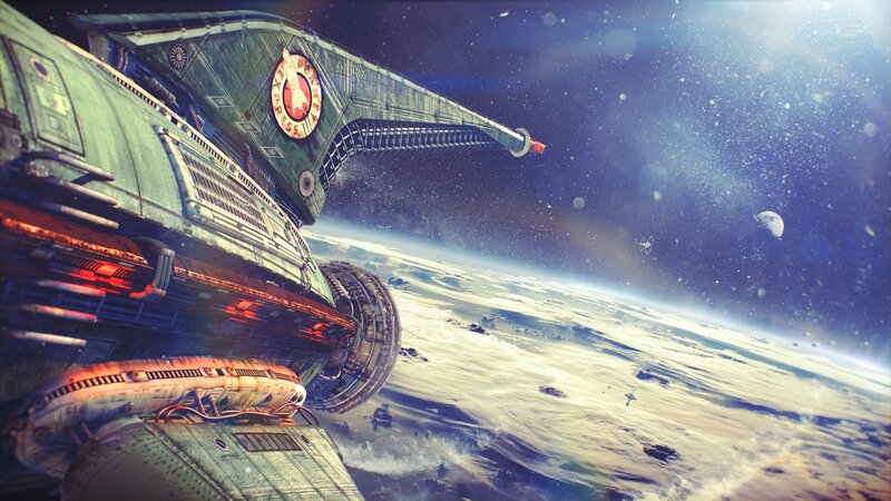 Spaceship Above Planet — Blue, Dramatic, Digital Art