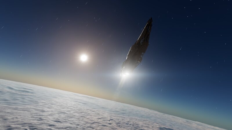 Spaceship Above Planet — Blue, Dramatic, Night, 3d Render